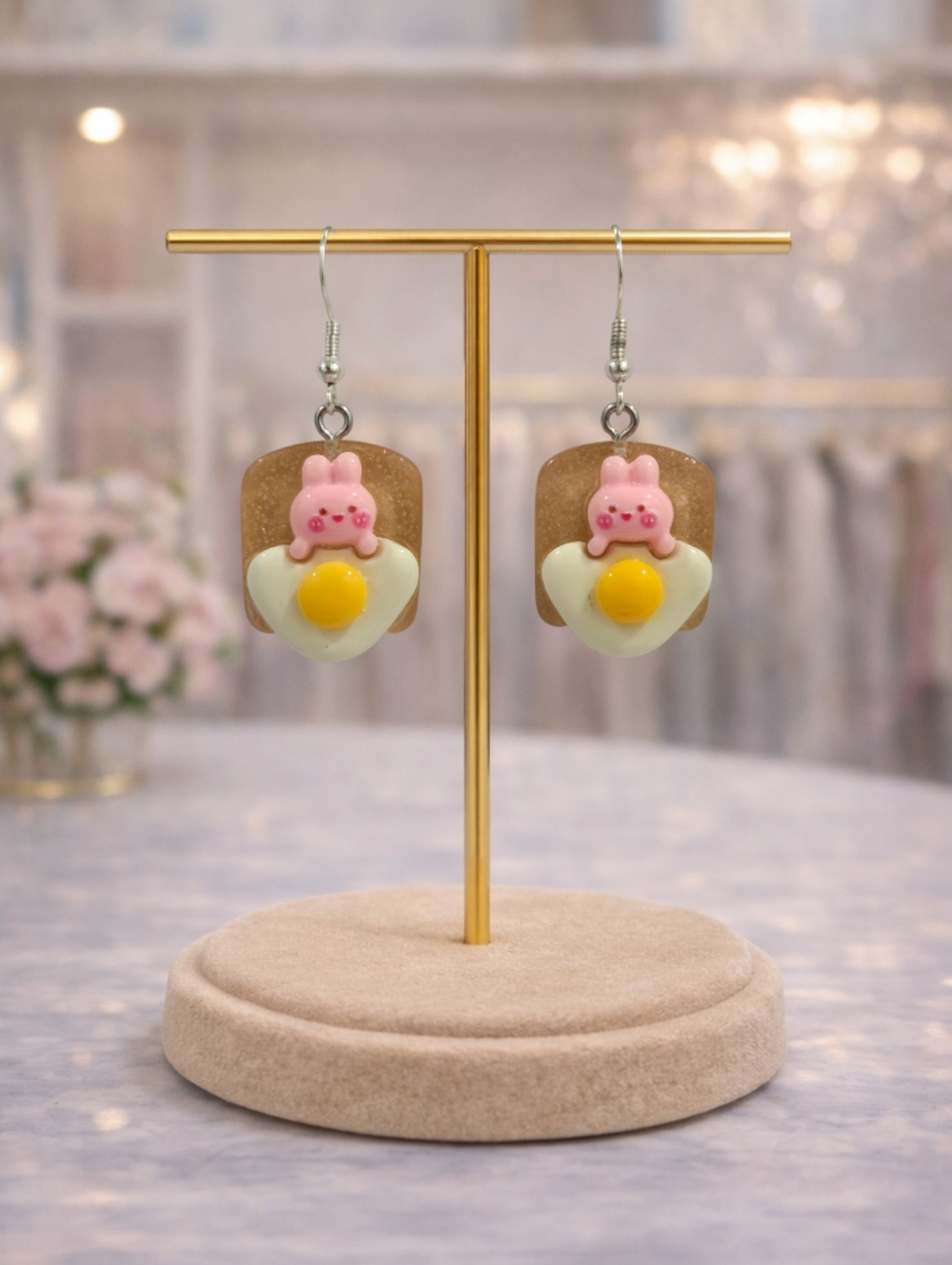 Handmade Bunny Sunny Side Toast Earrings | Kawaii Statement Y2K Jewelry - Picture 3 of 5